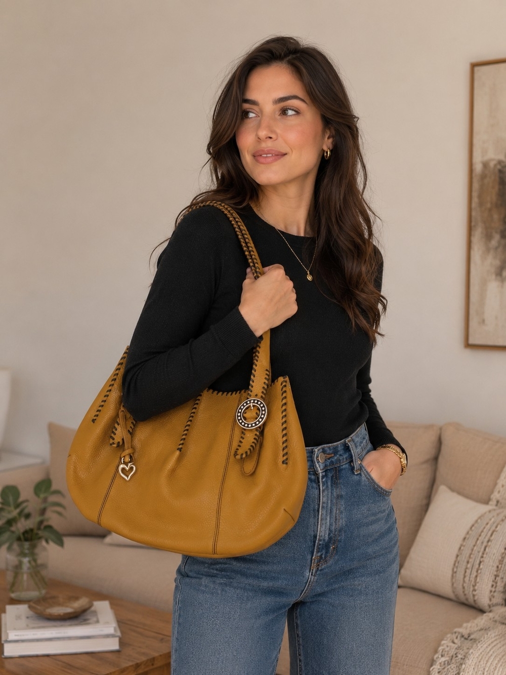 BRIGHTON RAYANN TAN PEBBLED LEATHER  Black STITCH  TRIM SHOULDER PURSE